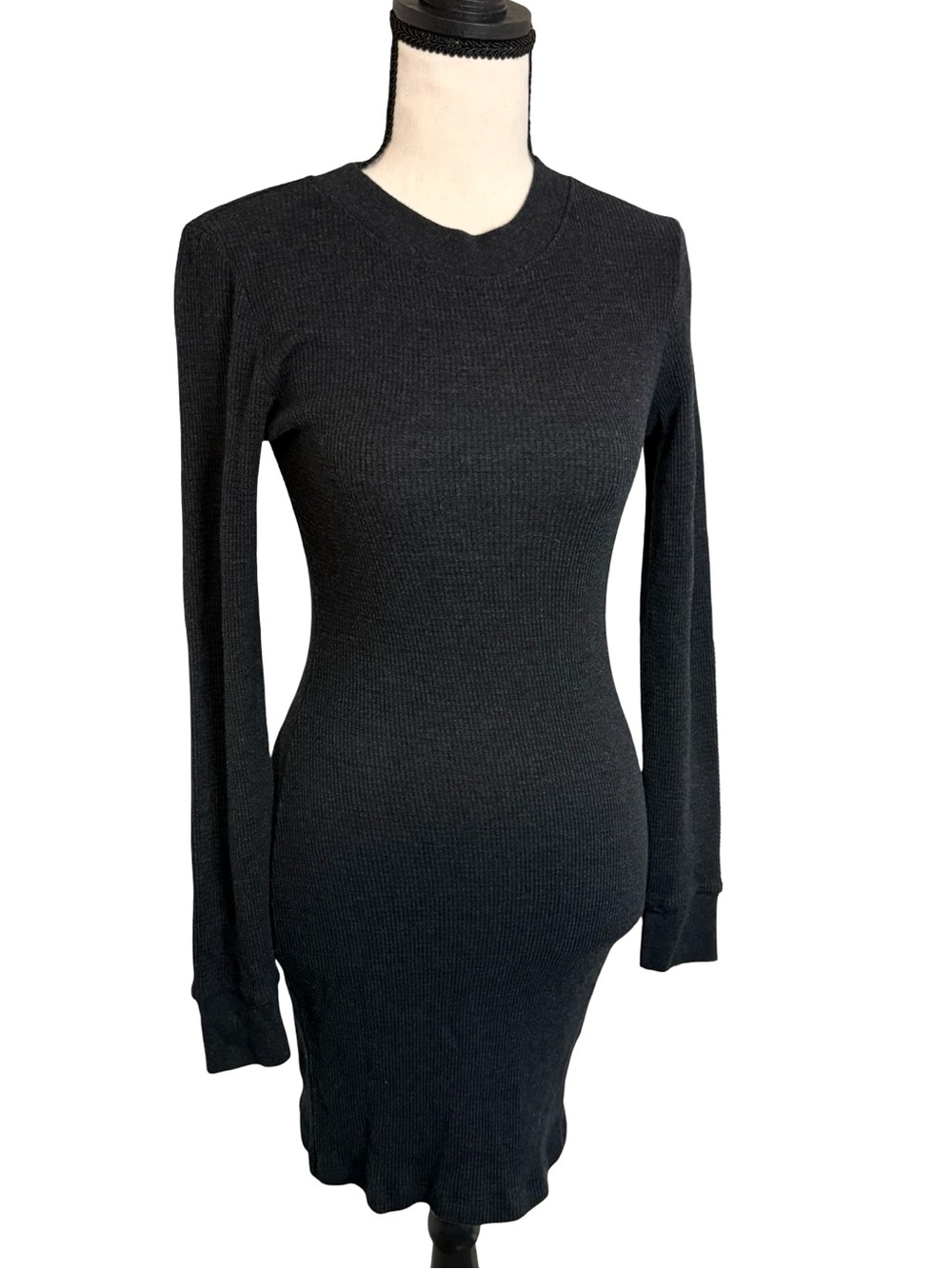 TNA Aritzia Black Ribbed Long Sleeve Waffle Knit Sweater Mini Dress S WAF3-8248